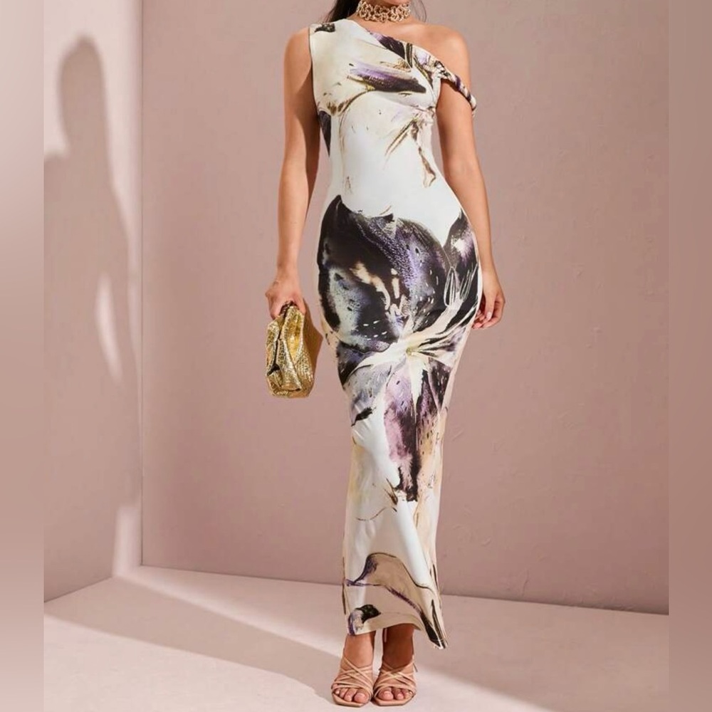Floral Print Asymmetrical Open Shoulder Long Women's Dress